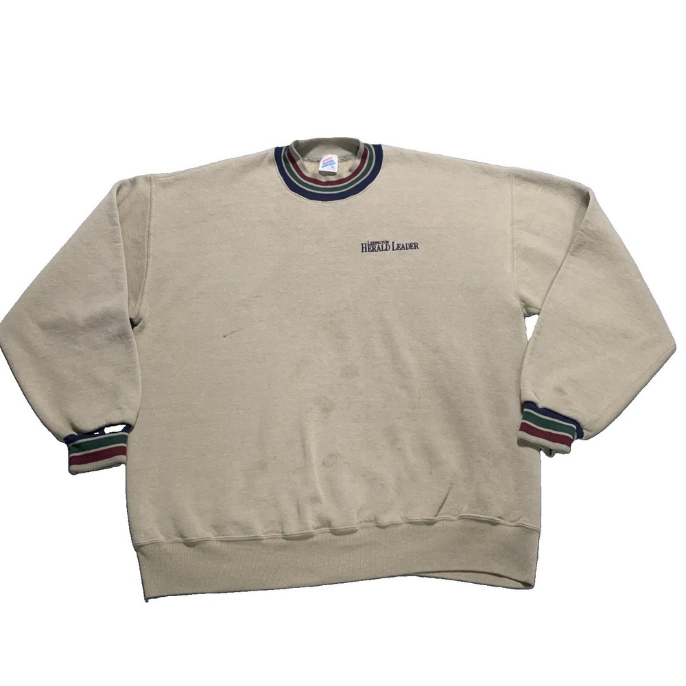 Vtg 90s Jerzees Super Sweats Crewneck XL Lexington Herald Leader Striped USA